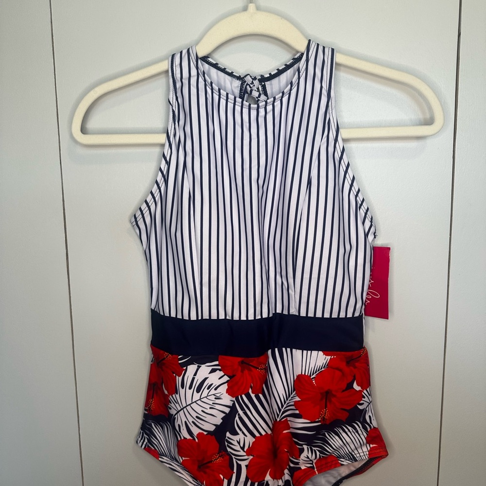 Striped Floral One Piece Swimsuit
